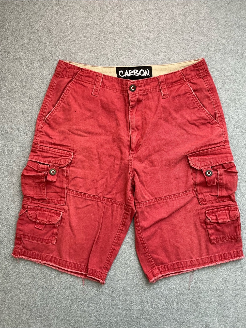 Carbon Red Cargo Shorts Mens 32 Distressed Raw Hem Utility Skate Y2K